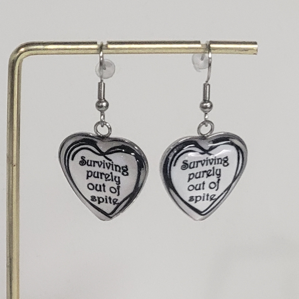 Custom Back Surviving Purely Out Of Spite 😛 Heart Earrings Dark Funny Got - Picture 8 of 8